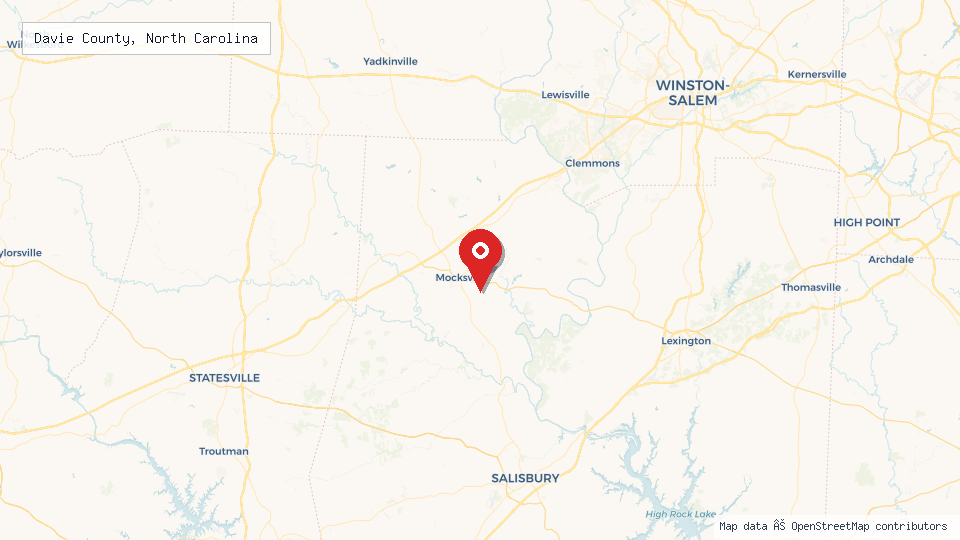 Street map of Davie County, North Carolina with location pin