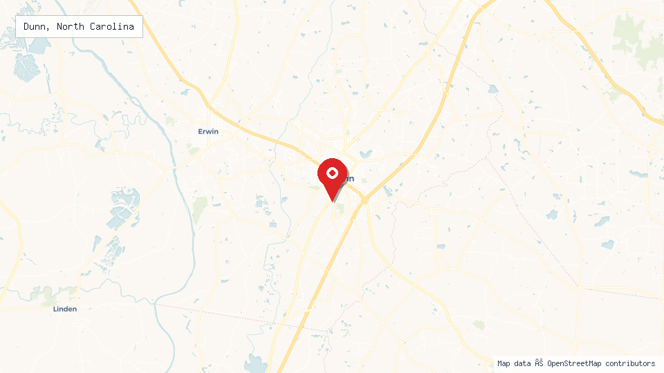 Street map of Dunn, North Carolina with location pin