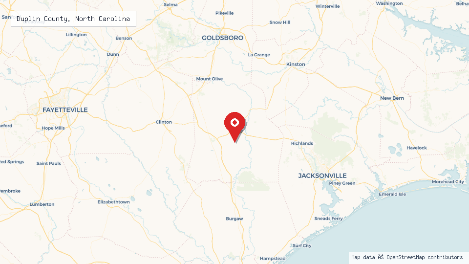 Street map of Duplin County, North Carolina with location pin