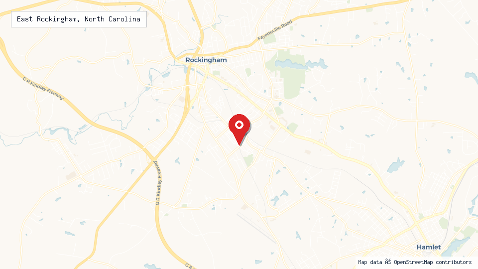Street map of East Rockingham, North Carolina with location pin