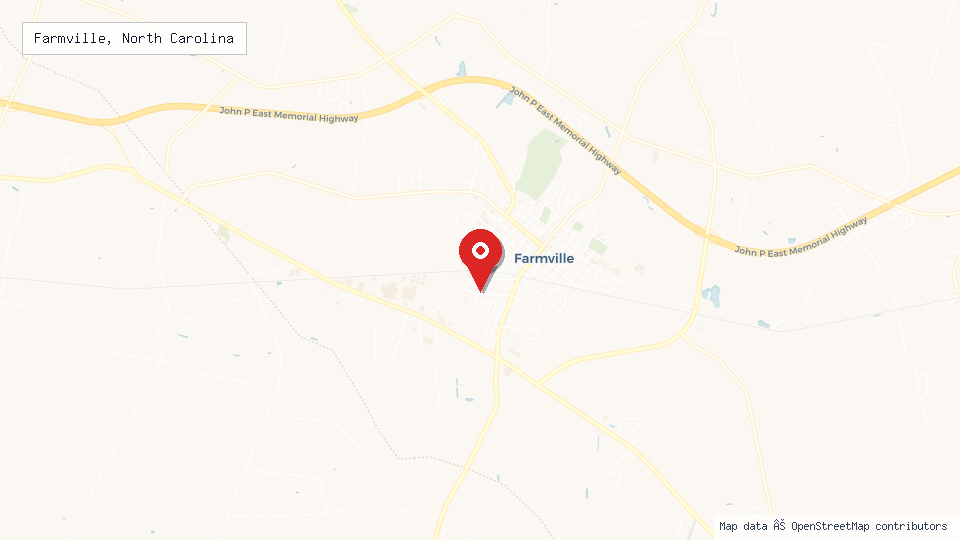 Street map of Farmville, North Carolina with location pin