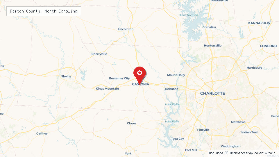 Street map of Gaston County, North Carolina with location pin