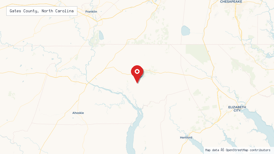 Street map of Gates County, North Carolina with location pin