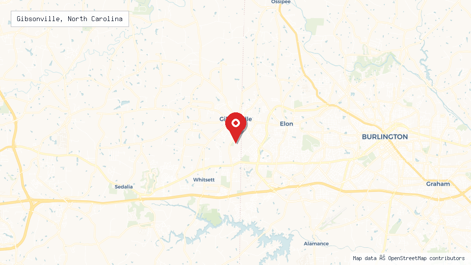 Street map of Gibsonville, North Carolina with location pin