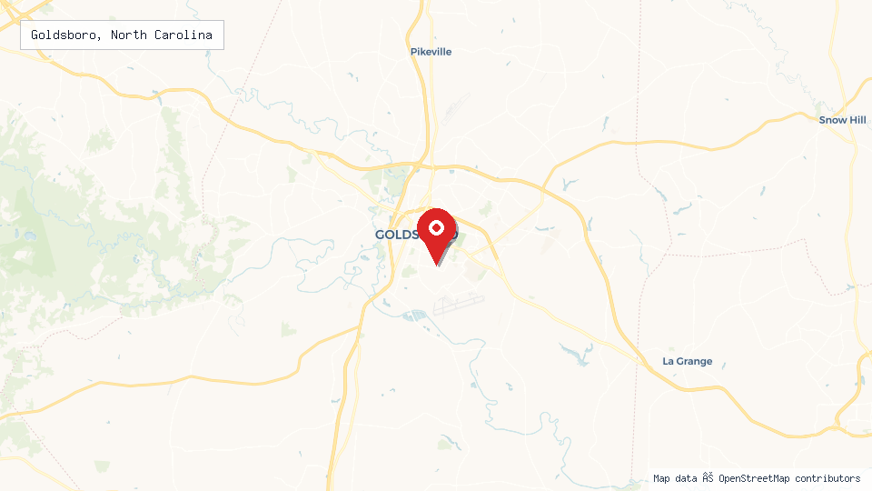 Street map of Goldsboro, North Carolina with location pin