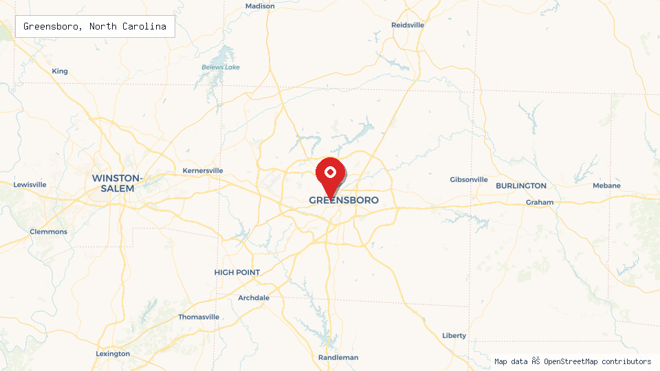Street map of Greensboro, North Carolina with location pin