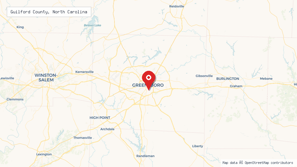 Street map of Guilford County, North Carolina with location pin