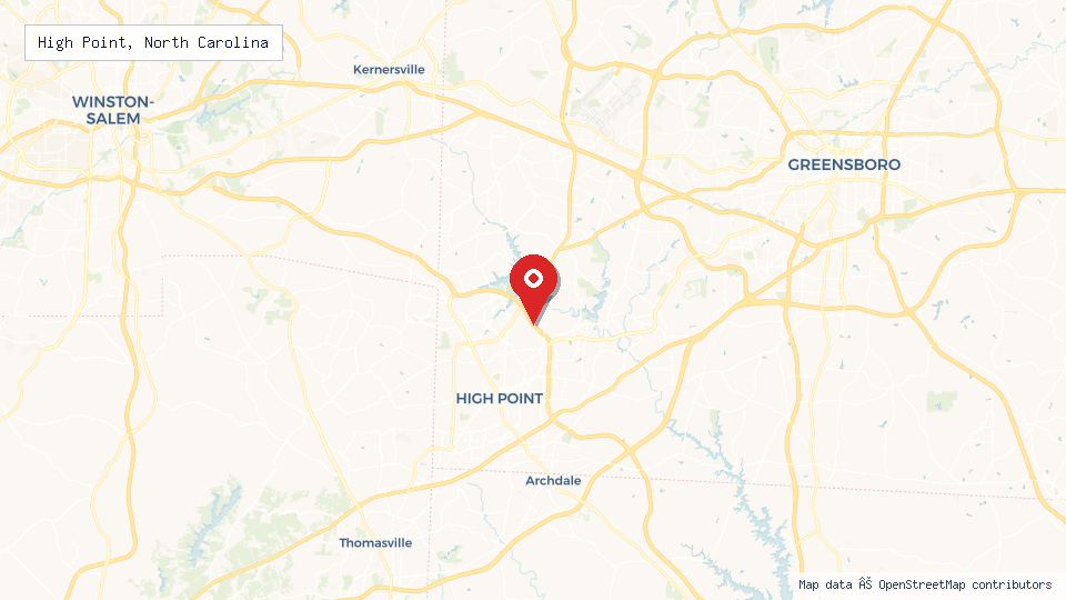 Street map of High Point, North Carolina with location pin