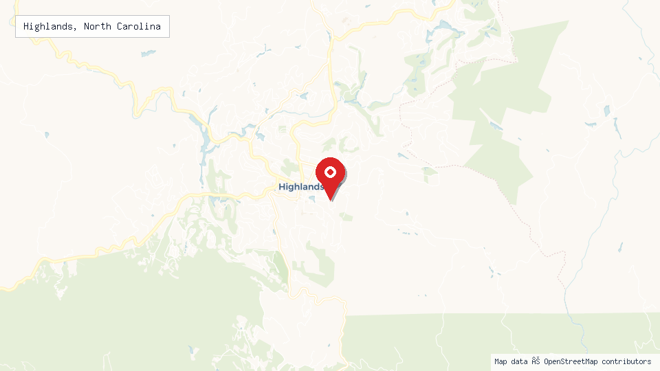 Street map of Highlands, North Carolina with location pin