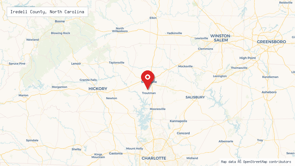 Street map of Iredell County, North Carolina with location pin