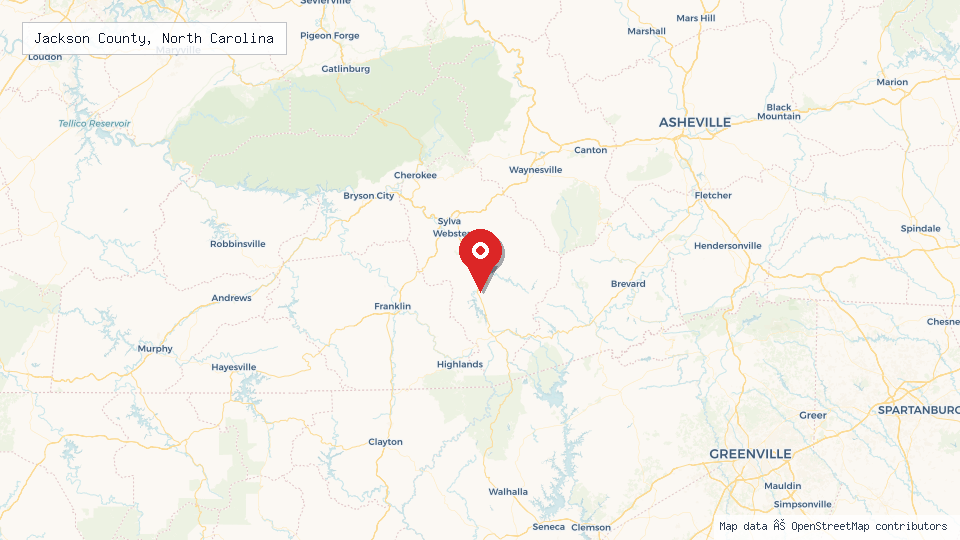 Street map of Jackson County, North Carolina with location pin