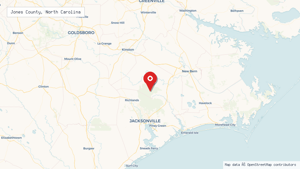 Street map of Jones County, North Carolina with location pin