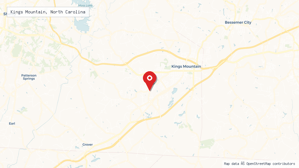 Street map of Kings Mountain, North Carolina with location pin