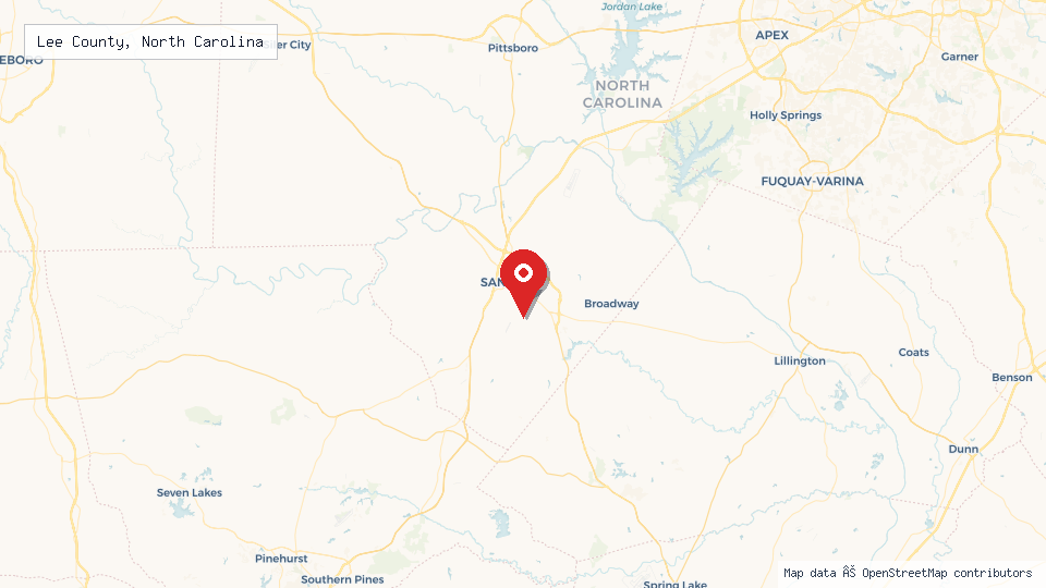 Street map of Lee County, North Carolina with location pin