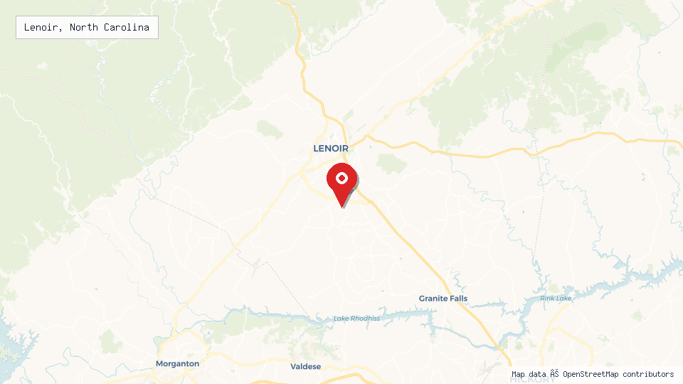 Street map of Lenoir, North Carolina with location pin
