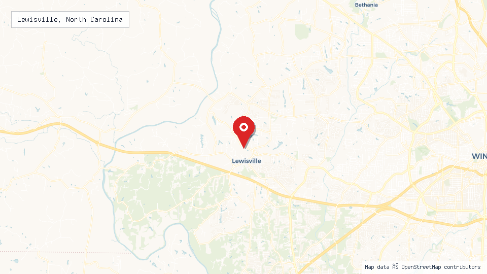 Street map of Lewisville, North Carolina with location pin