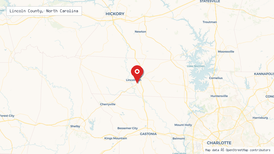Street map of Lincoln County, North Carolina with location pin