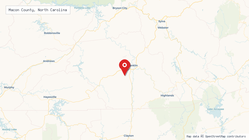Street map of Macon County, North Carolina with location pin