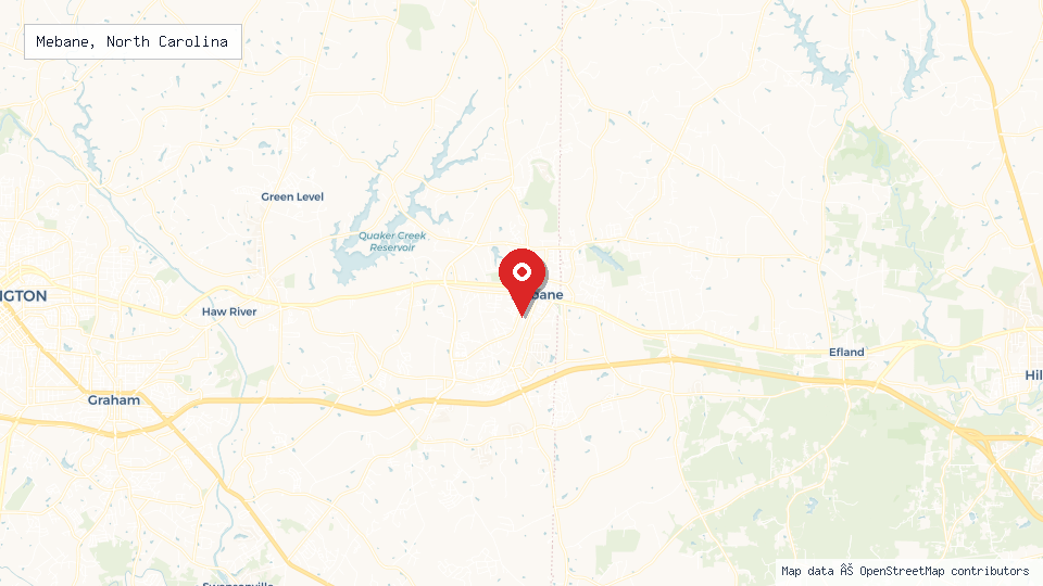 Street map of Mebane, North Carolina with location pin