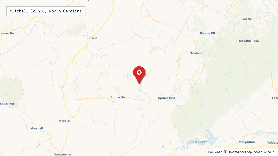 Street map of Mitchell County, North Carolina with location pin