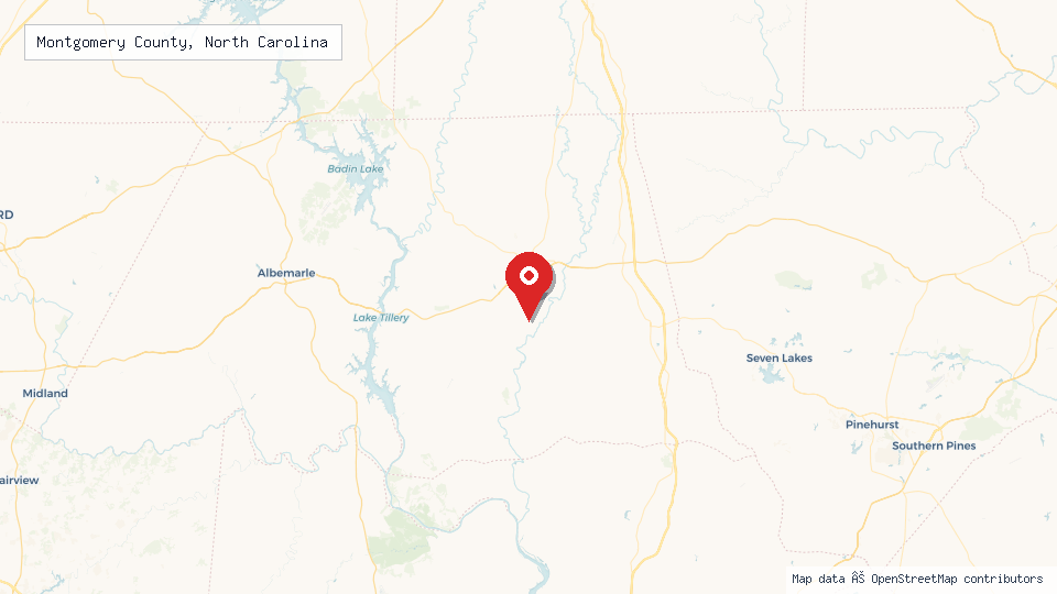 Street map of Montgomery County, North Carolina with location pin