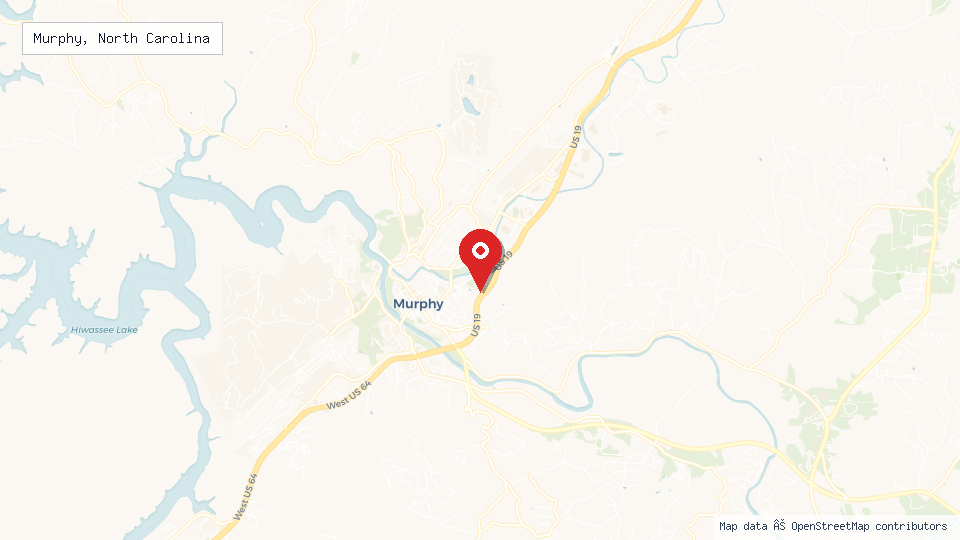 Street map of Murphy, North Carolina with location pin