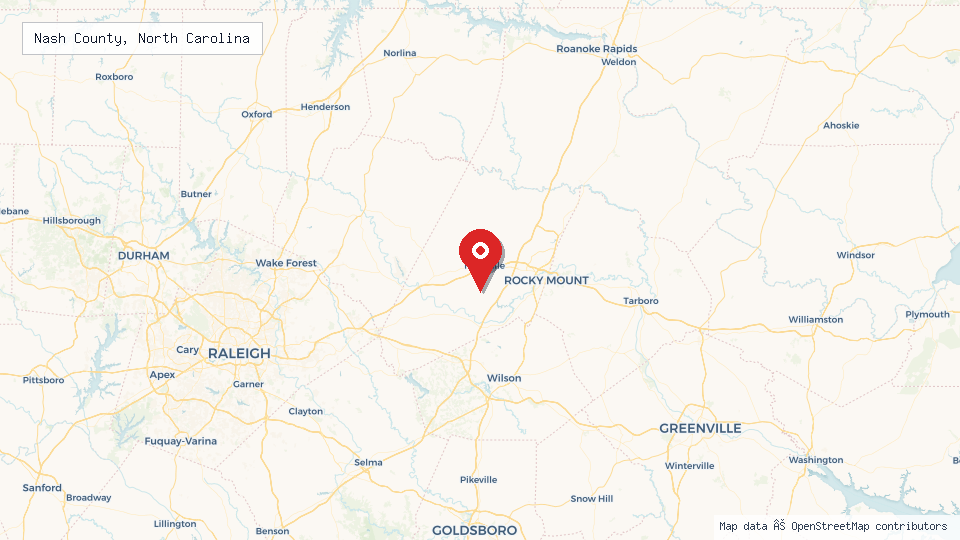 Street map of Nash County, North Carolina with location pin
