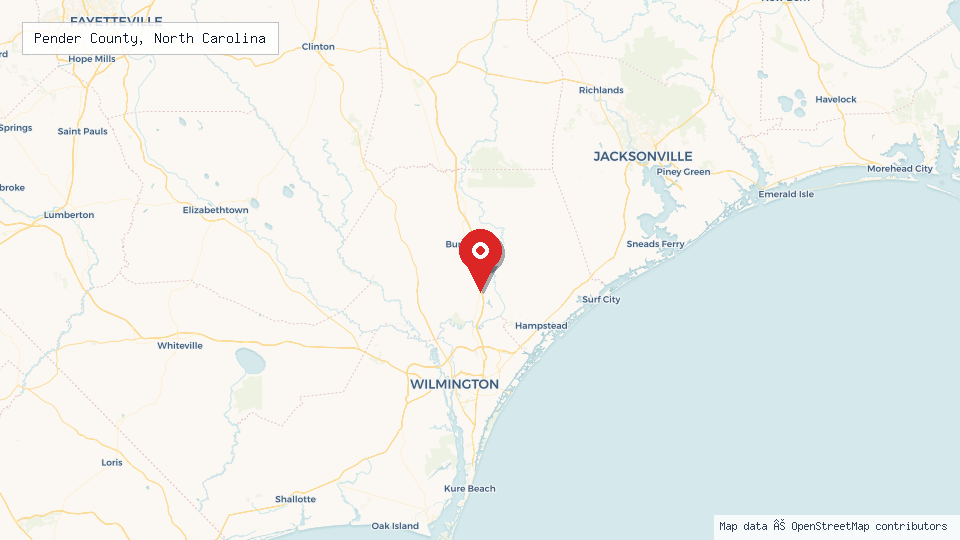 Street map of Pender County, North Carolina with location pin