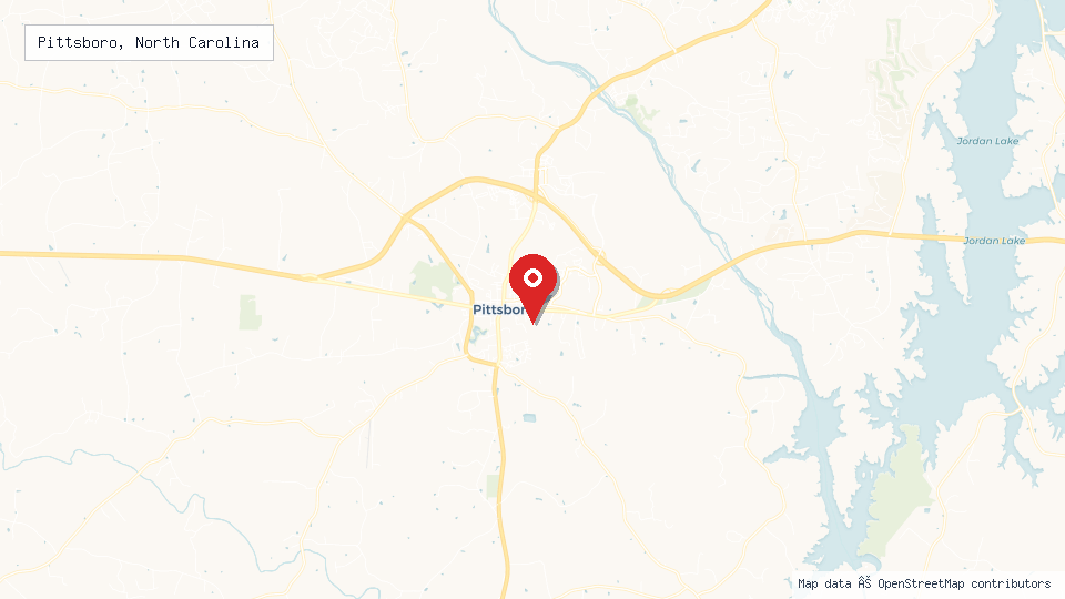Street map of Pittsboro, North Carolina with location pin
