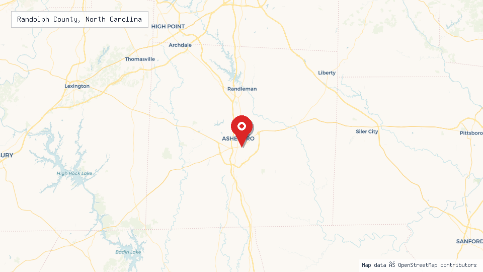 Street map of Randolph County, North Carolina with location pin