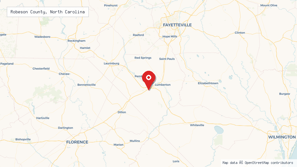Street map of Robeson County, North Carolina with location pin