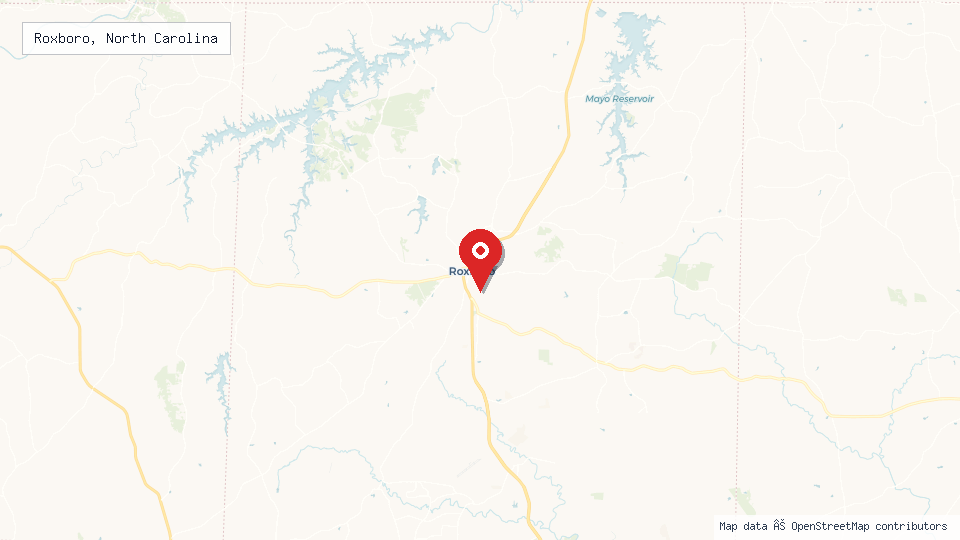 Street map of Roxboro, North Carolina with location pin
