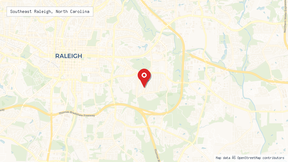 Street map of Southeast Raleigh, North Carolina with location pin