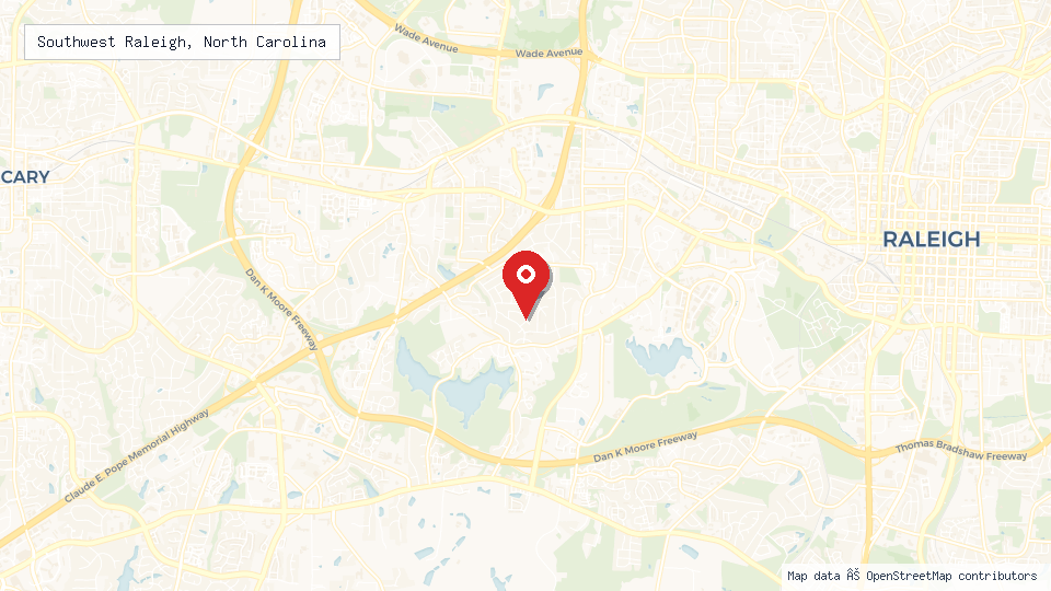 Street map of Southwest Raleigh, North Carolina with location pin