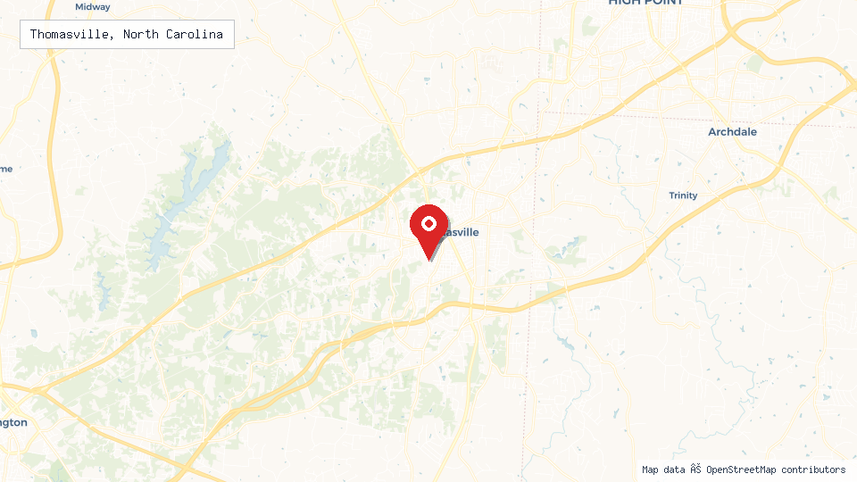 Street map of Thomasville, North Carolina with location pin