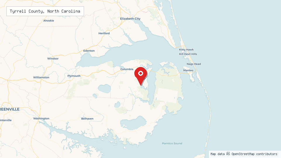 Street map of Tyrrell County, North Carolina with location pin