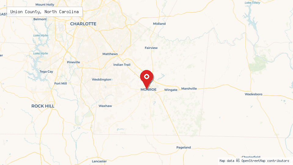 Street map of Union County, North Carolina with location pin