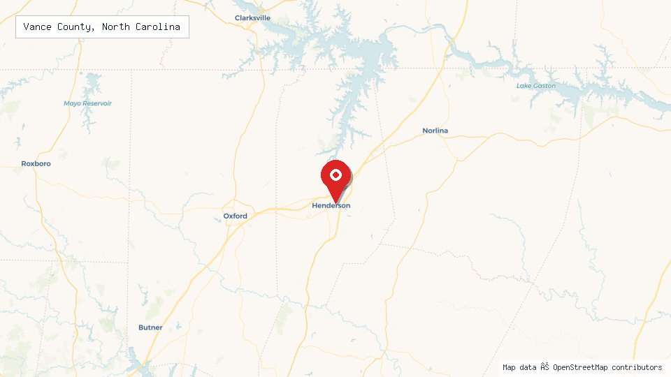 Street map of Vance County, North Carolina with location pin