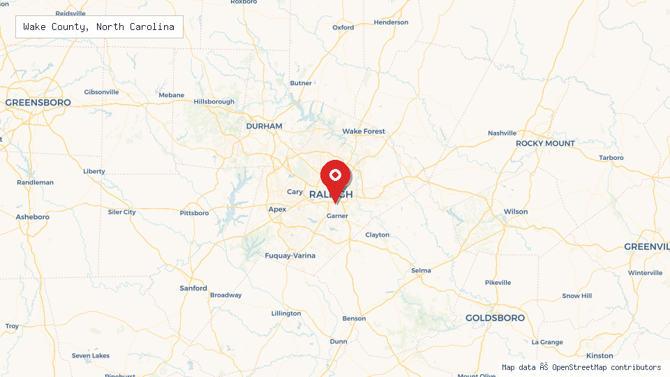 Street map of Wake County, North Carolina with location pin