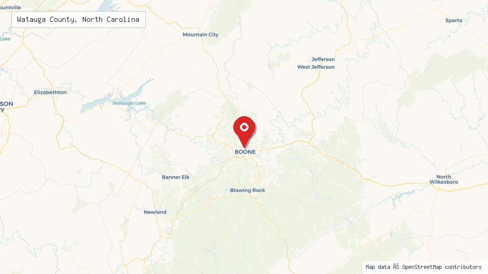 Street map of Watauga County, North Carolina with location pin