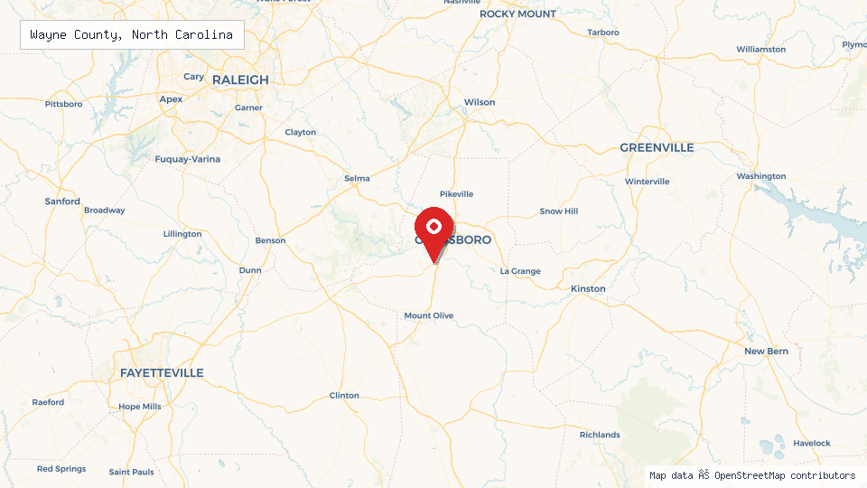 Street map of Wayne County, North Carolina with location pin