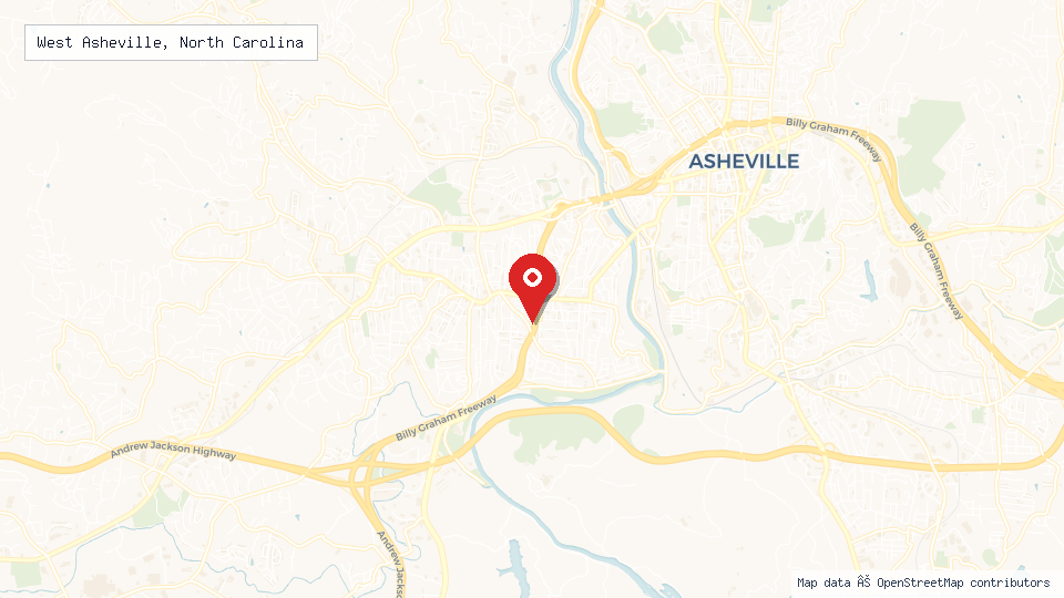 Street map of West Asheville, North Carolina with location pin