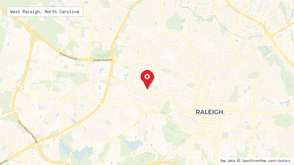 Street map of West Raleigh, North Carolina with location pin