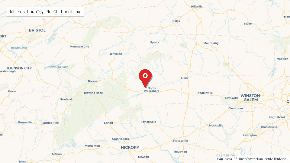 Street map of Wilkes County, North Carolina with location pin