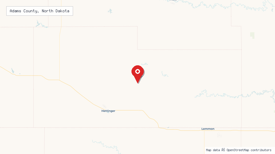 Street map of Adams County, North Dakota with location pin
