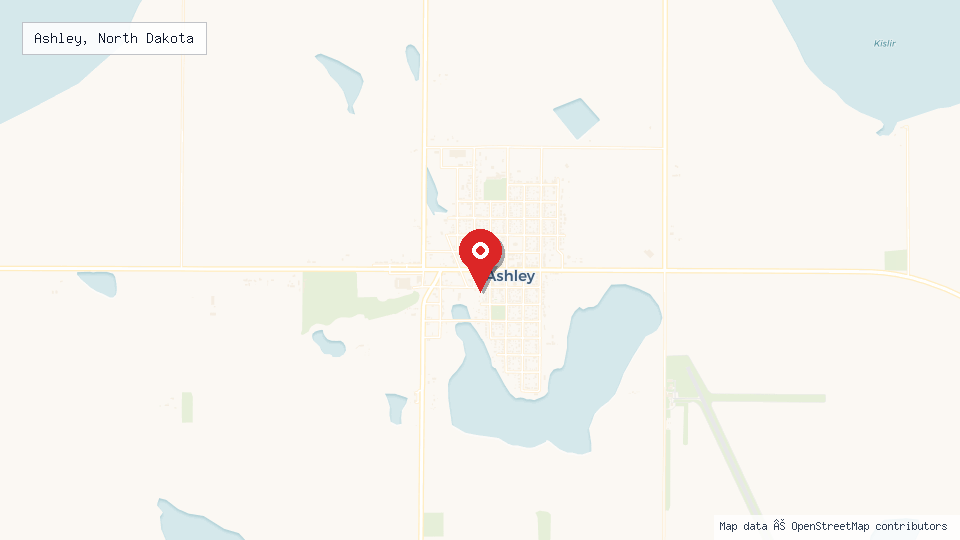 Street map of Ashley, North Dakota with location pin