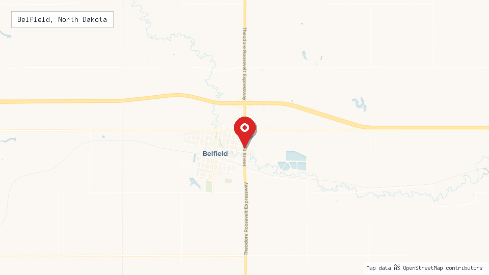 Street map of Belfield, North Dakota with location pin