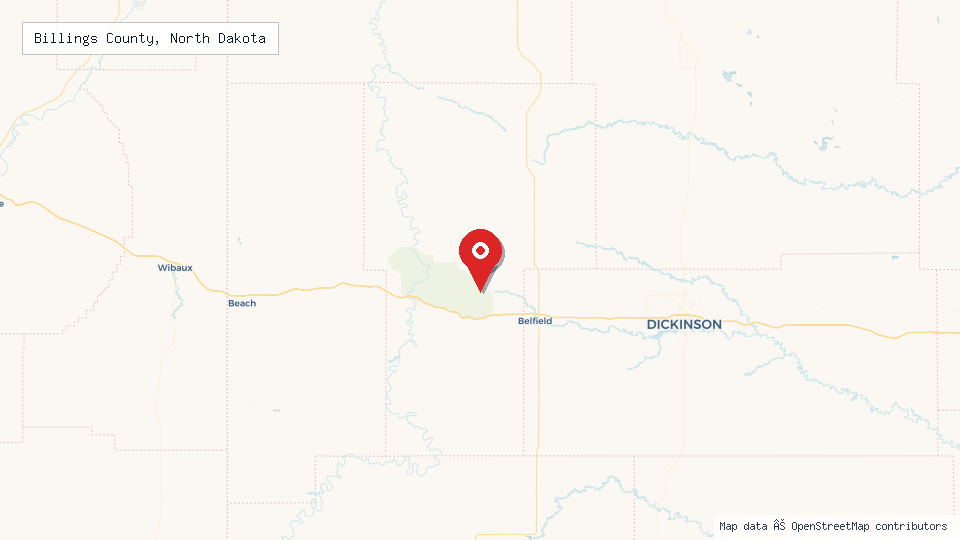 Street map of Billings County, North Dakota with location pin