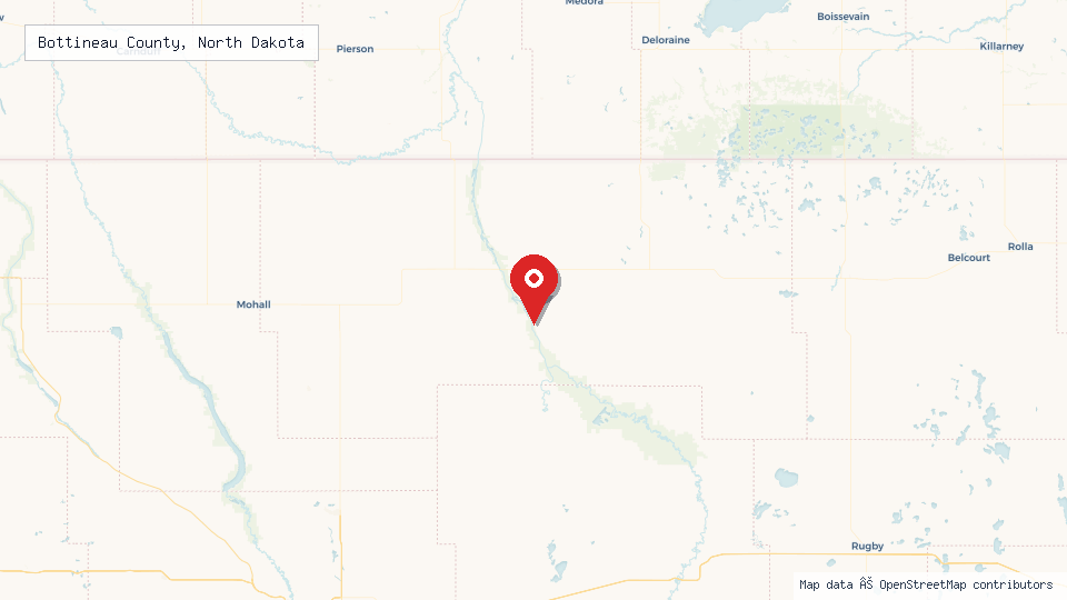 Street map of Bottineau County, North Dakota with location pin
