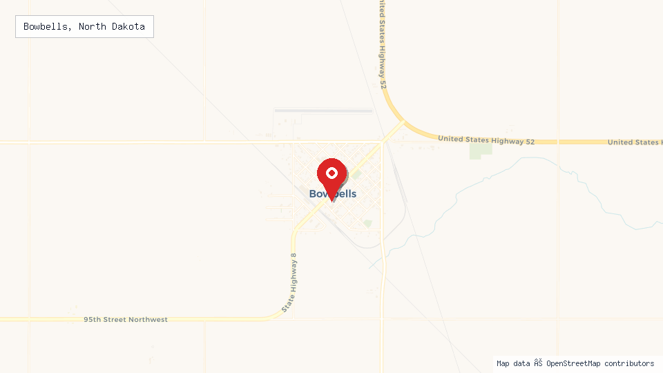 Street map of Bowbells, North Dakota with location pin